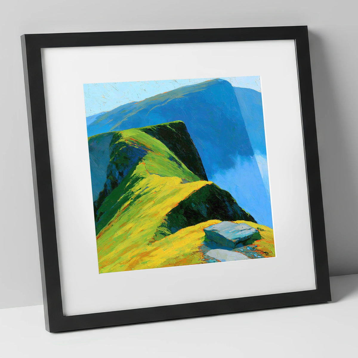 Sunlit Ridge and Deep Blue Crags lake district fell art print in black frame