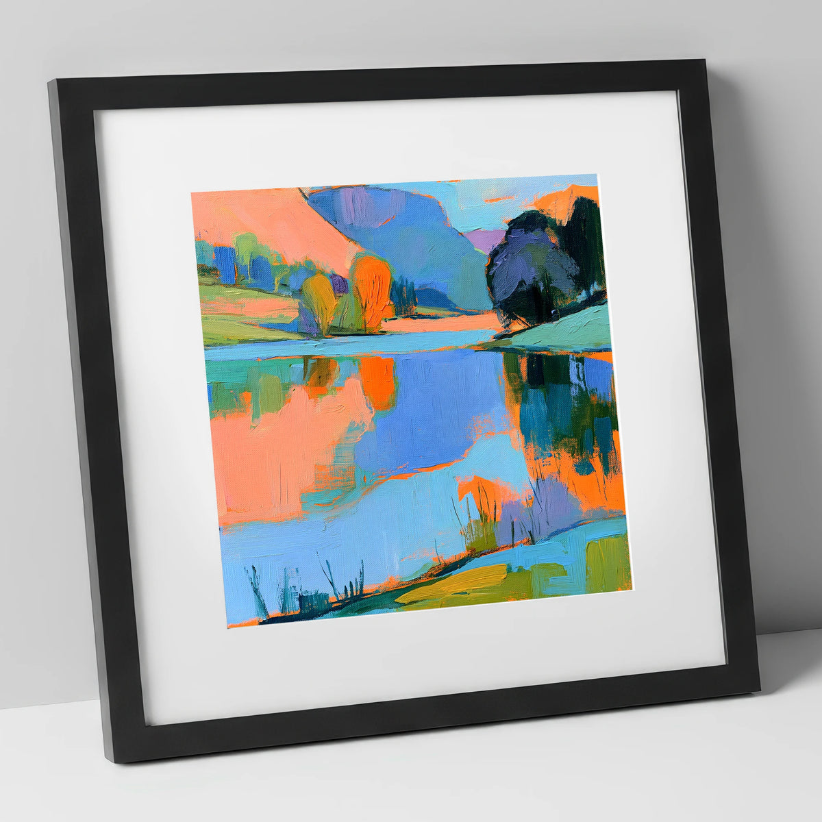 Vibrant Reflections on a Calm Lake lake district lake art print in black frame