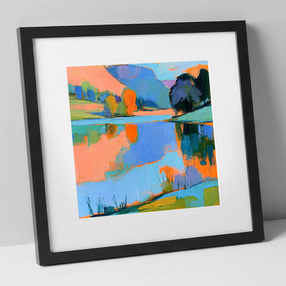 Vibrant Reflections on a Calm Lake lake district lake art print in black frame