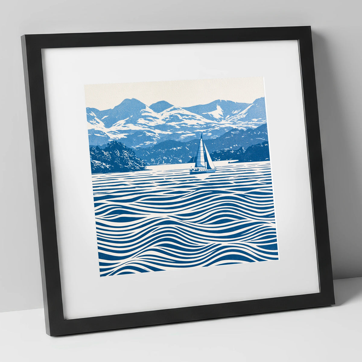 Windermere Sailboat in Cobalt Blue lake district lake art print in black frame