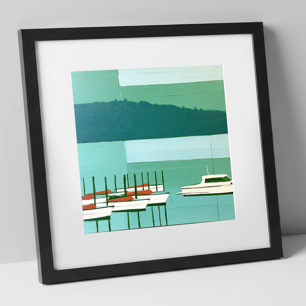 Moored Boats on a Teal Windermere lake district lake art print in black frame