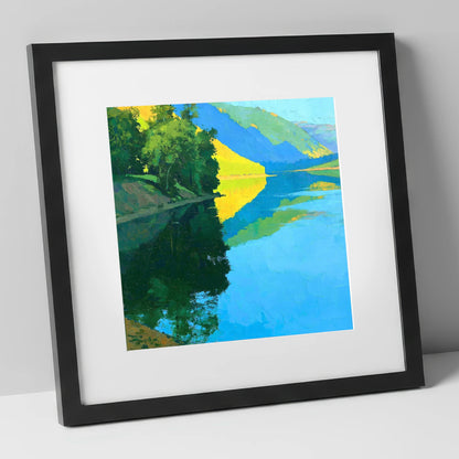 Sunlit Fells Reflecting in Cerulean Water lake district lake art print in black frame