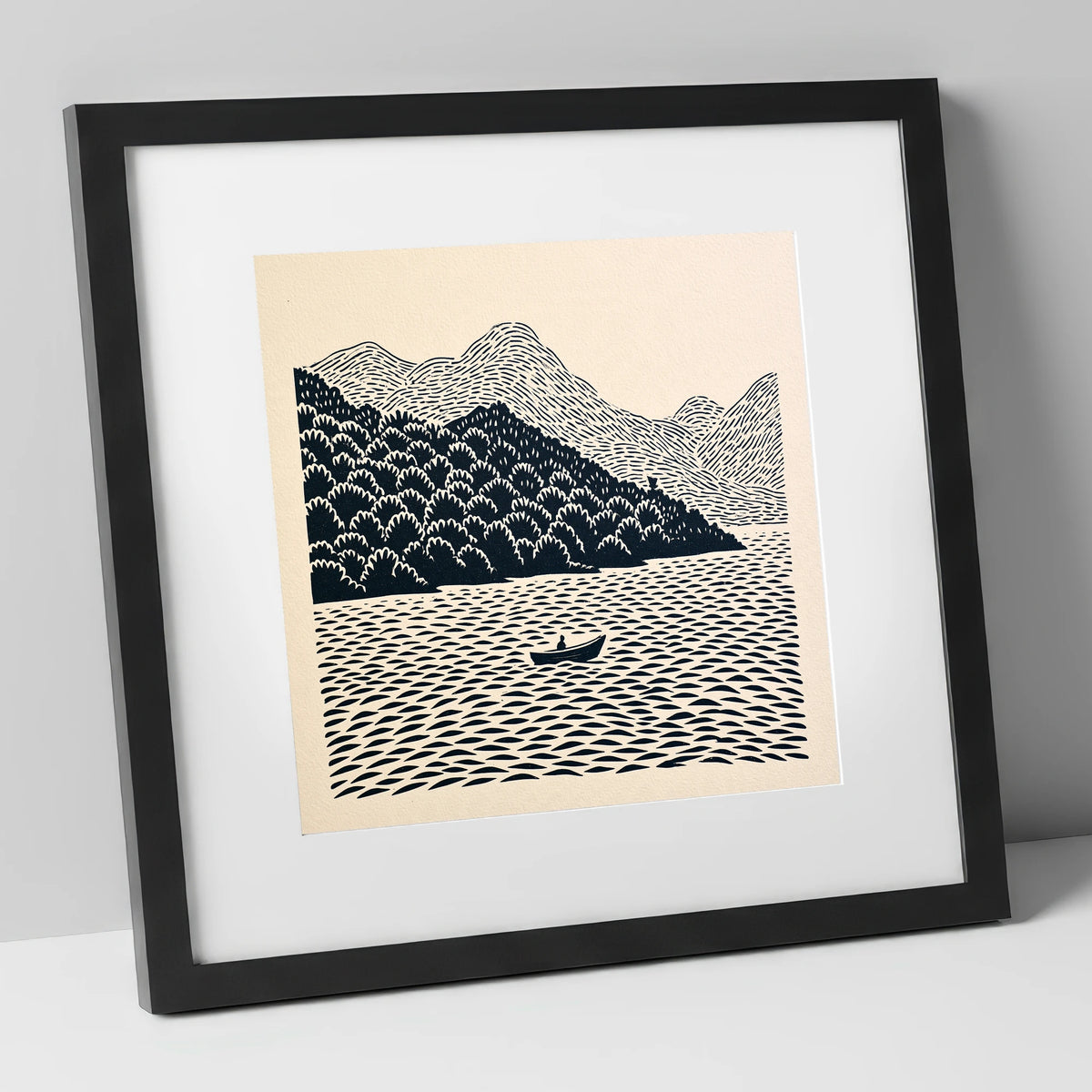 Rowing Boat Beneath Coniston Fells lake district lake art print in black frame
