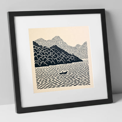 Rowing Boat Beneath Coniston Fells lake district lake art print in black frame