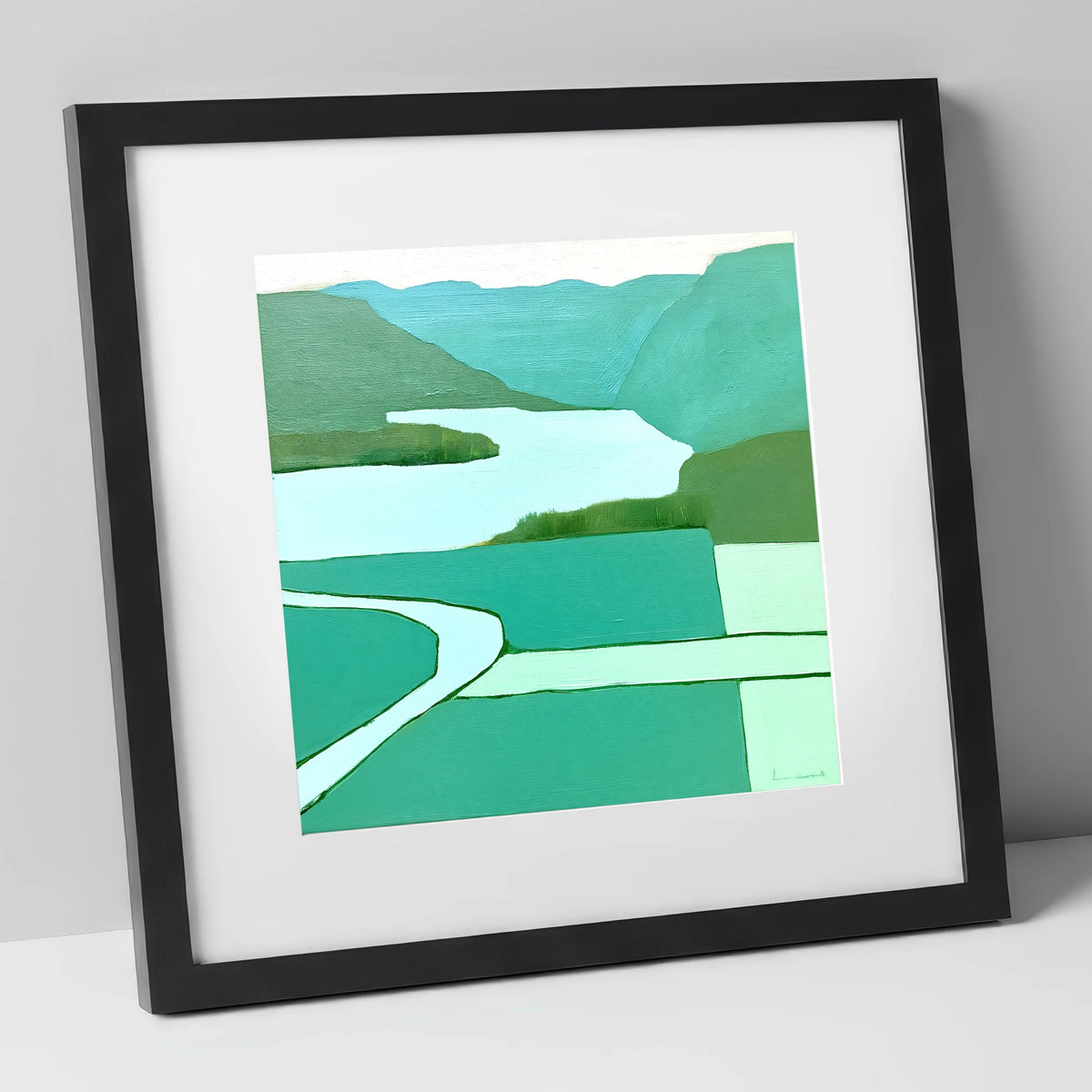 Aerial Elter Water in Teal lake district lake art print in black frame