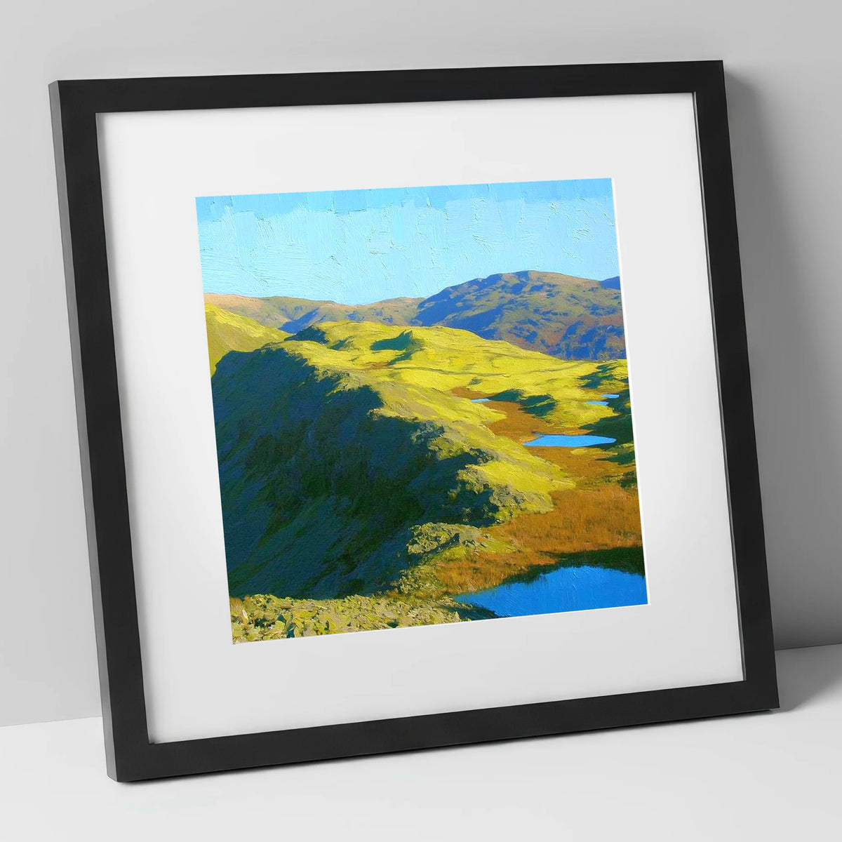 Vibrant Blea Rigg and Tarns lake district fell art print in black frame