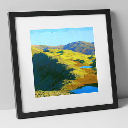 Vibrant Blea Rigg and Tarns lake district fell art print in black frame