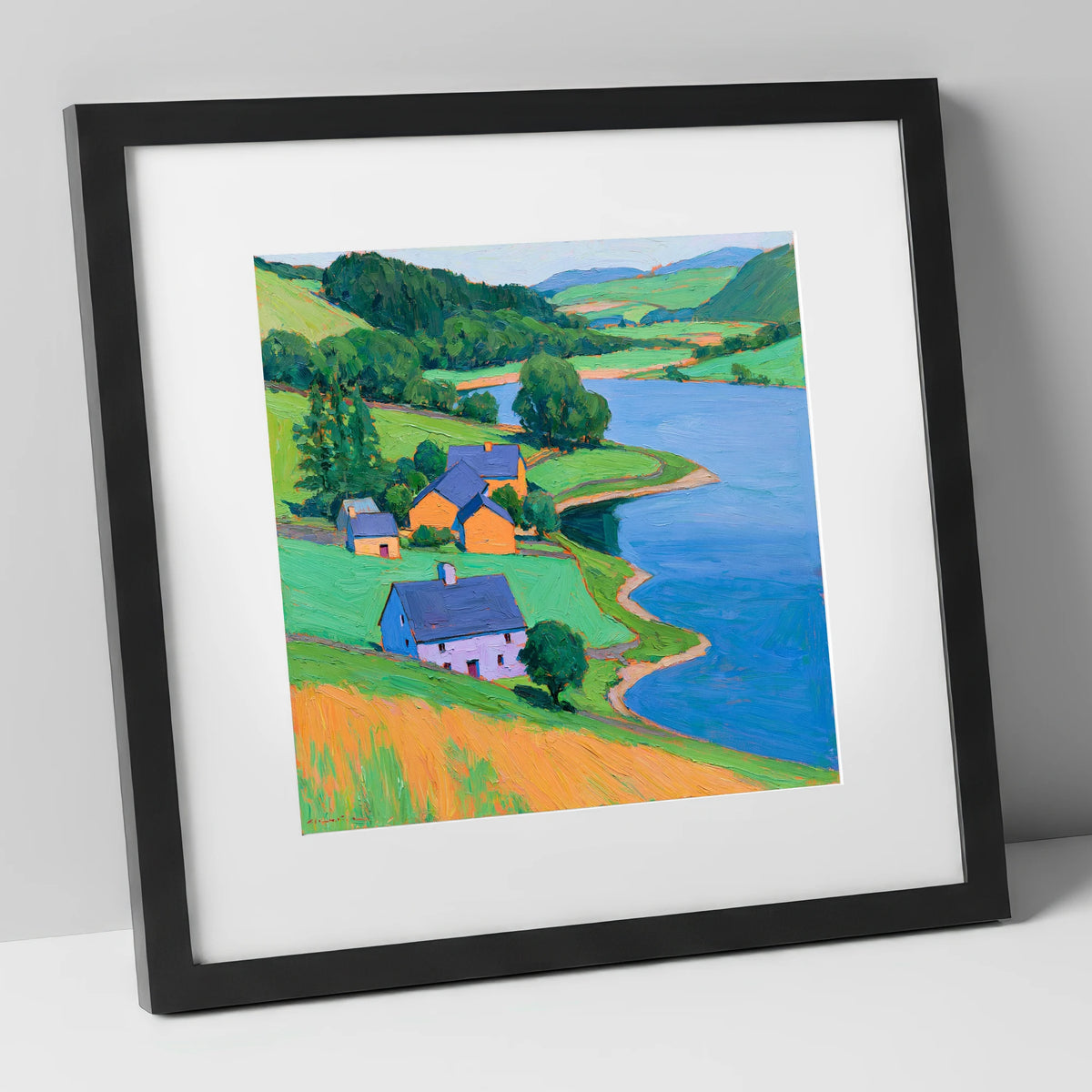 Vivid Lakeside Village and Fells lake district village art print in black frame