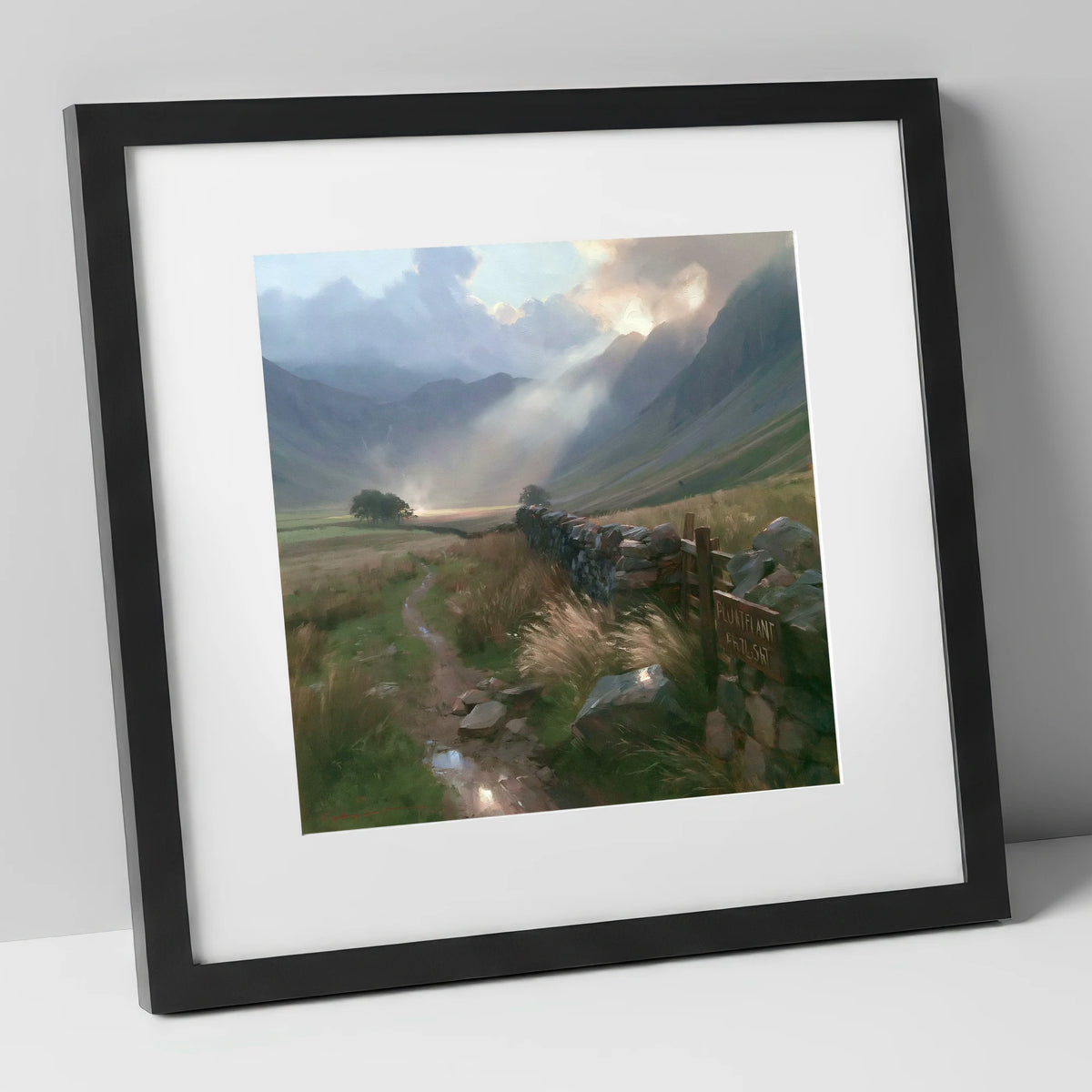 Valley Drystone Wall Under Sunburst lake district valley art print in black frame