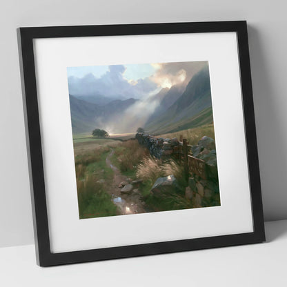 Valley Drystone Wall Under Sunburst lake district valley art print in black frame