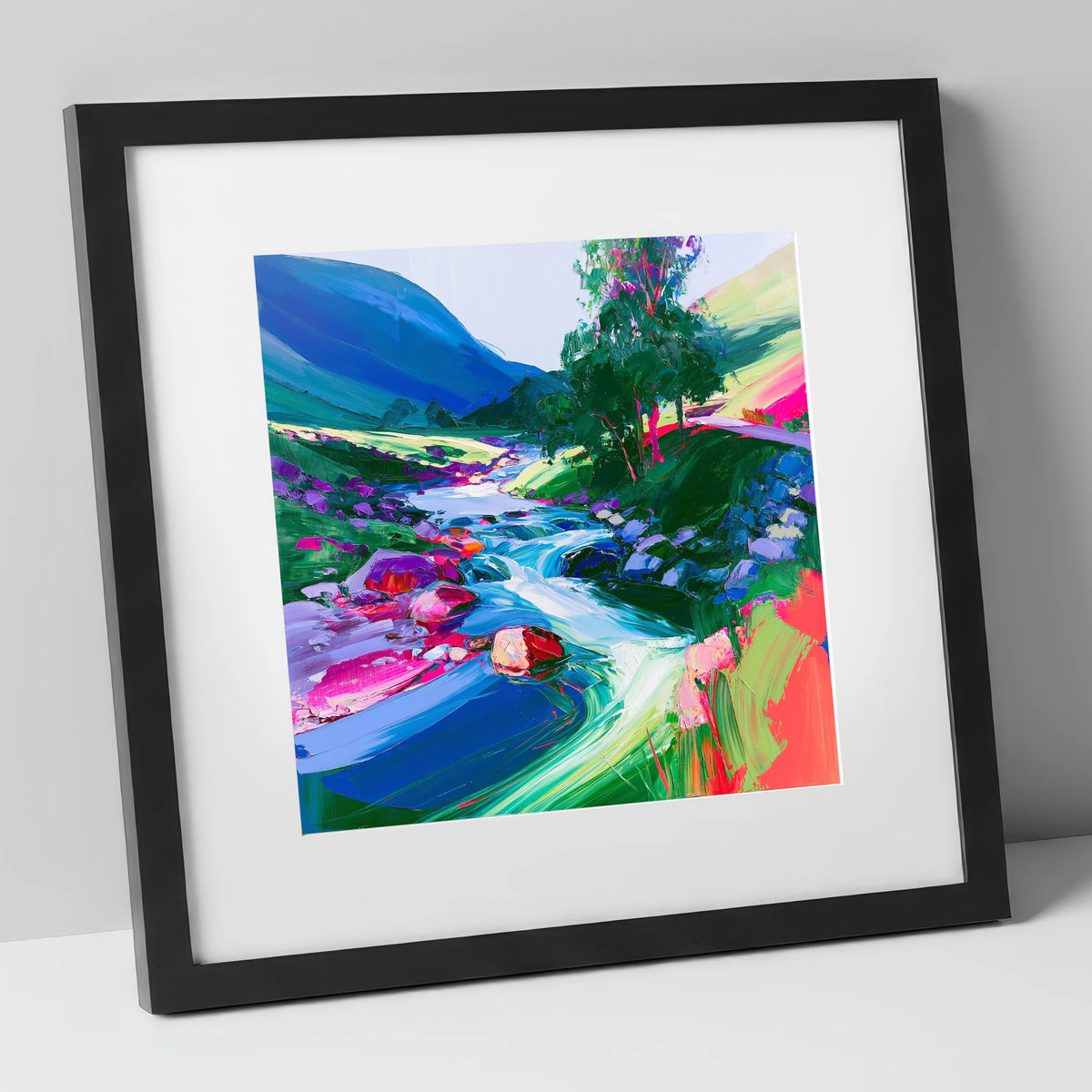 Electric Blue Rushing Fellside Beck lake district waterfall art print in black frame