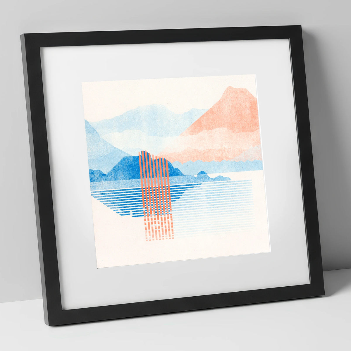 Geometric Derwentwater in Coral and Blue lake district lake art print in black frame