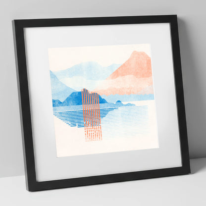 Geometric Derwentwater in Coral and Blue lake district lake art print in black frame