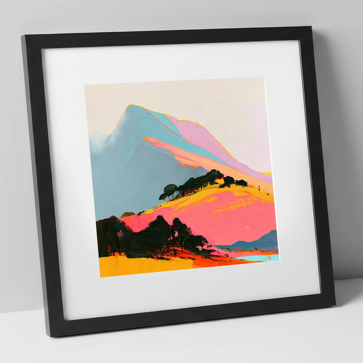 Vibrant Pink Mountain Ridge lake district fell art print in black frame