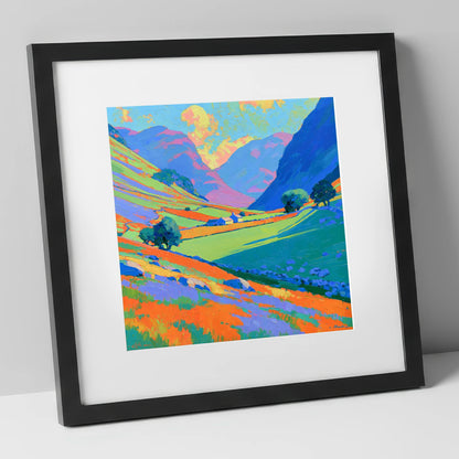 Valley Farm Beneath Bright Fells lake district valley art print in black frame