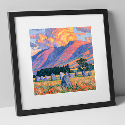 Standing Stones Below Fiery Blencathra lake district fell art print in black frame