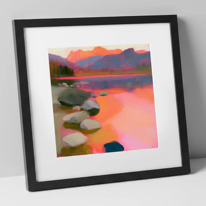 Elterwater Rocks in Fiery Light lake district lake art print in black frame