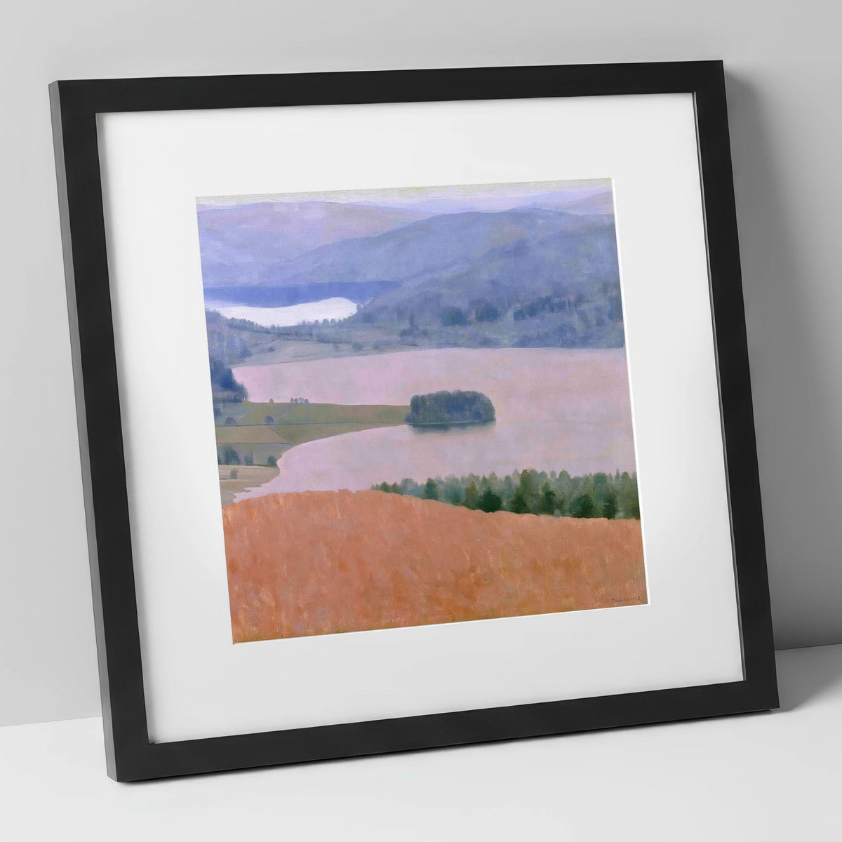 Grasmere Lake in Dusky Pink lake district lake art print in black frame