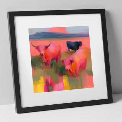 Pink Highland Cattle Grazing lake district wildlife art print in black frame