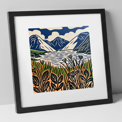 Wastwater in Navy and Orange lake district lake art print in black frame