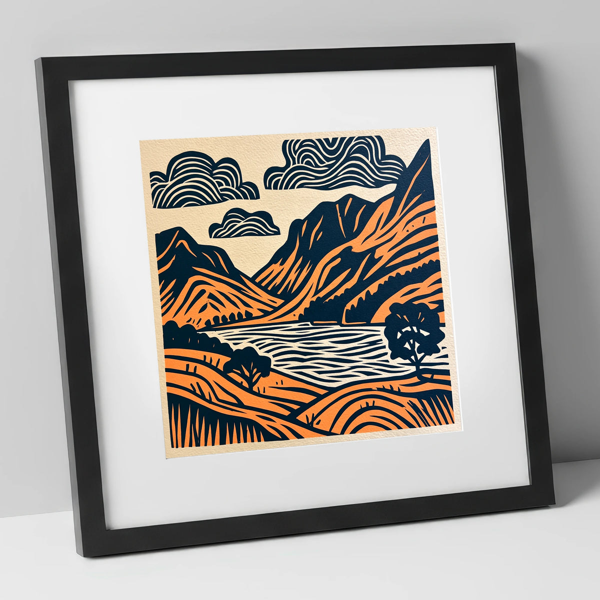 Buttermere Valley in Navy and Terracotta lake district lake art print in black frame