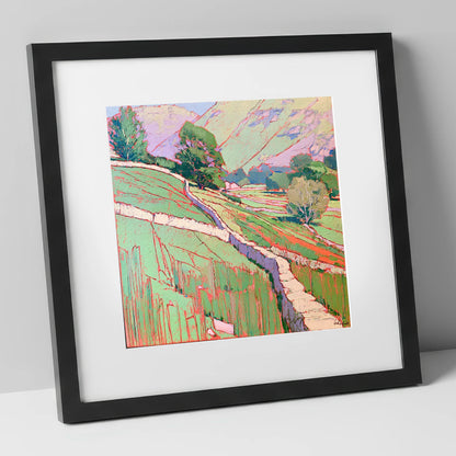 Vivid Drystone Wall Through Valley lake district valley art print in black frame