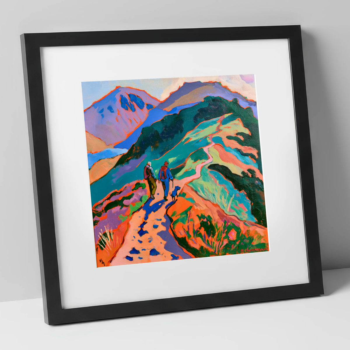 Colourful Haystacks Walk With Dog gifts for dog walkers art print in black frame