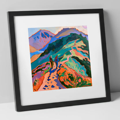 Colourful Haystacks Walk With Dog gifts for dog walkers art print in black frame