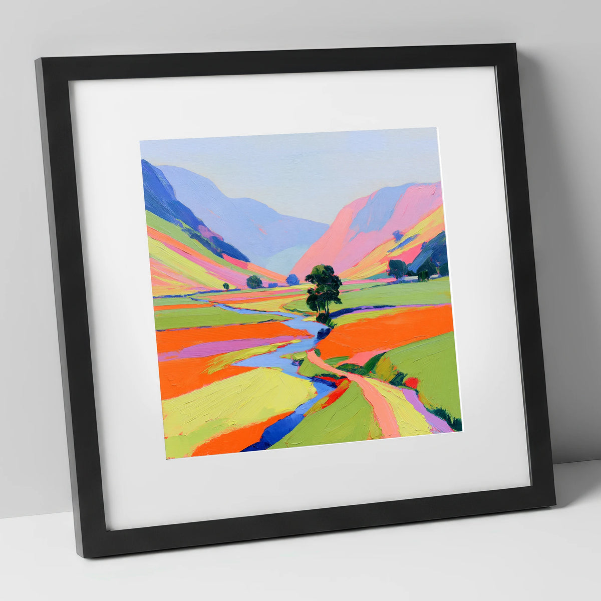 Bright Lakeland Valley Mist lake district sky art print in black frame