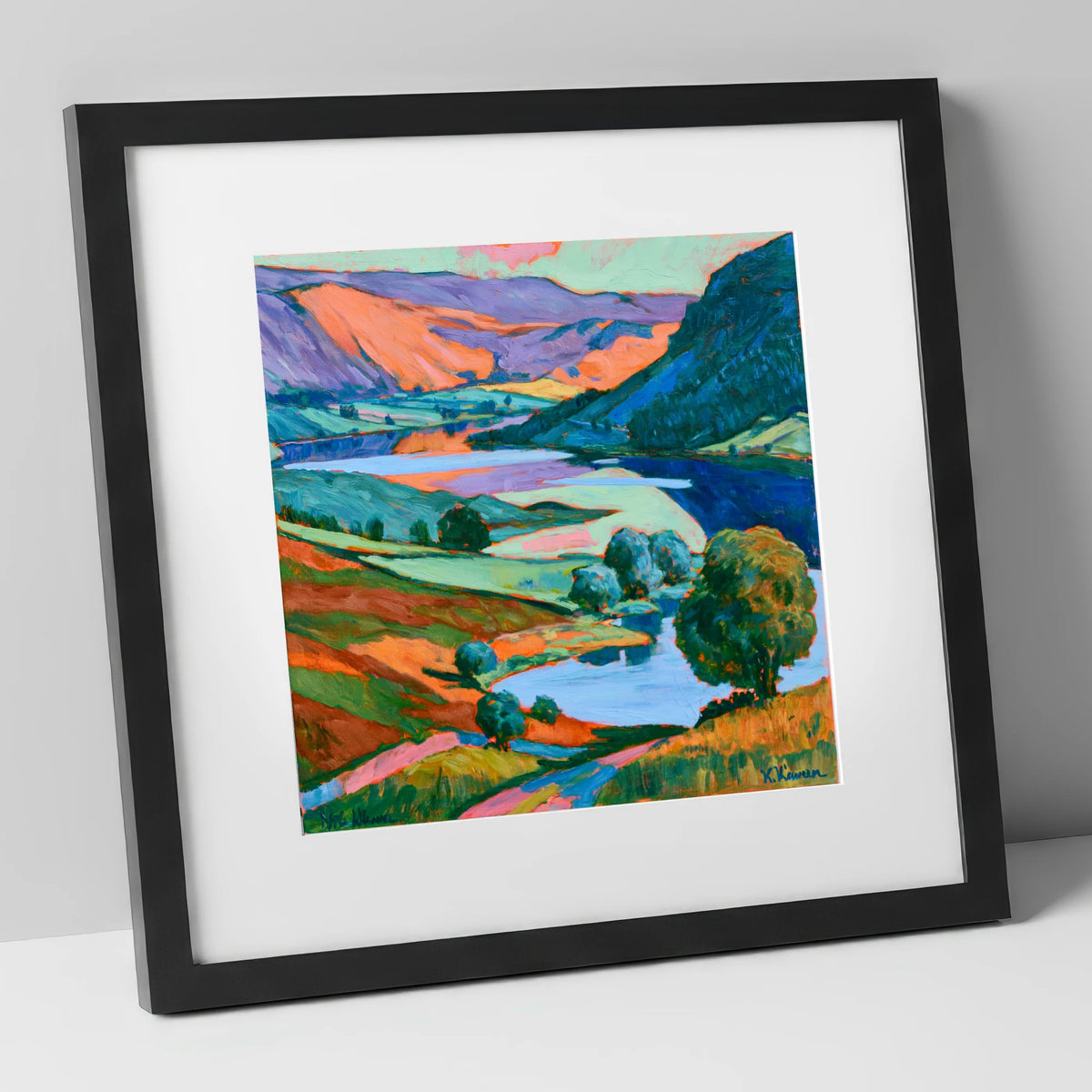 Vibrant Fells and Winding Lake lake district lake art print in black frame
