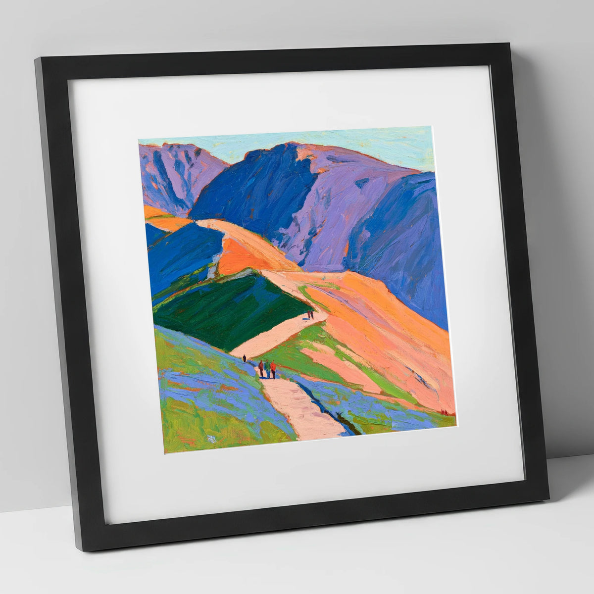 Walkers on Vibrant Mountain Path lake district walking art print in black frame