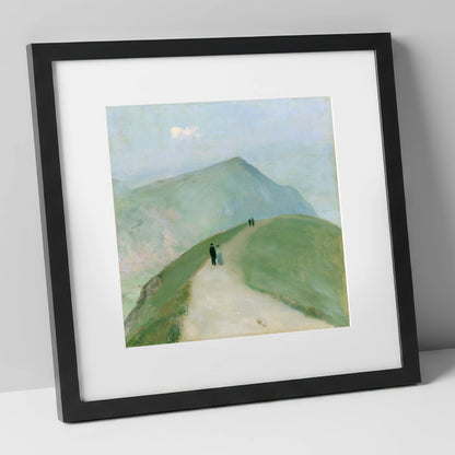 Walkers on a Mountain Ridge lake district walking art print in black frame