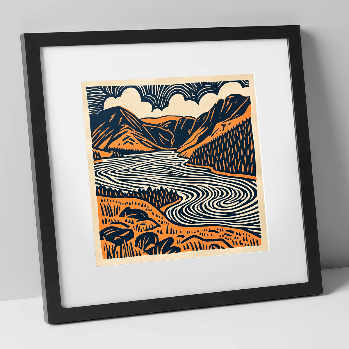 Navy and Terracotta Crummock Water lake district lake art print in black frame