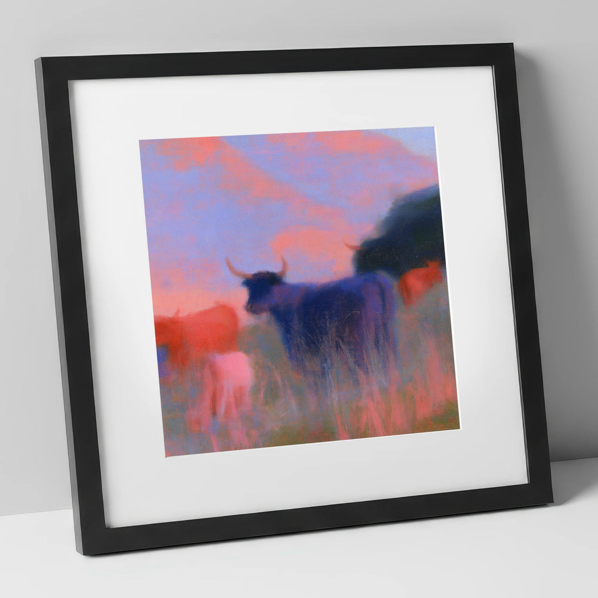 Highland Cattle in Violet Dusk lake district wildlife art print in black frame