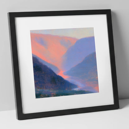 Winding River in Peach Twilight lake district waterfall art print in black frame