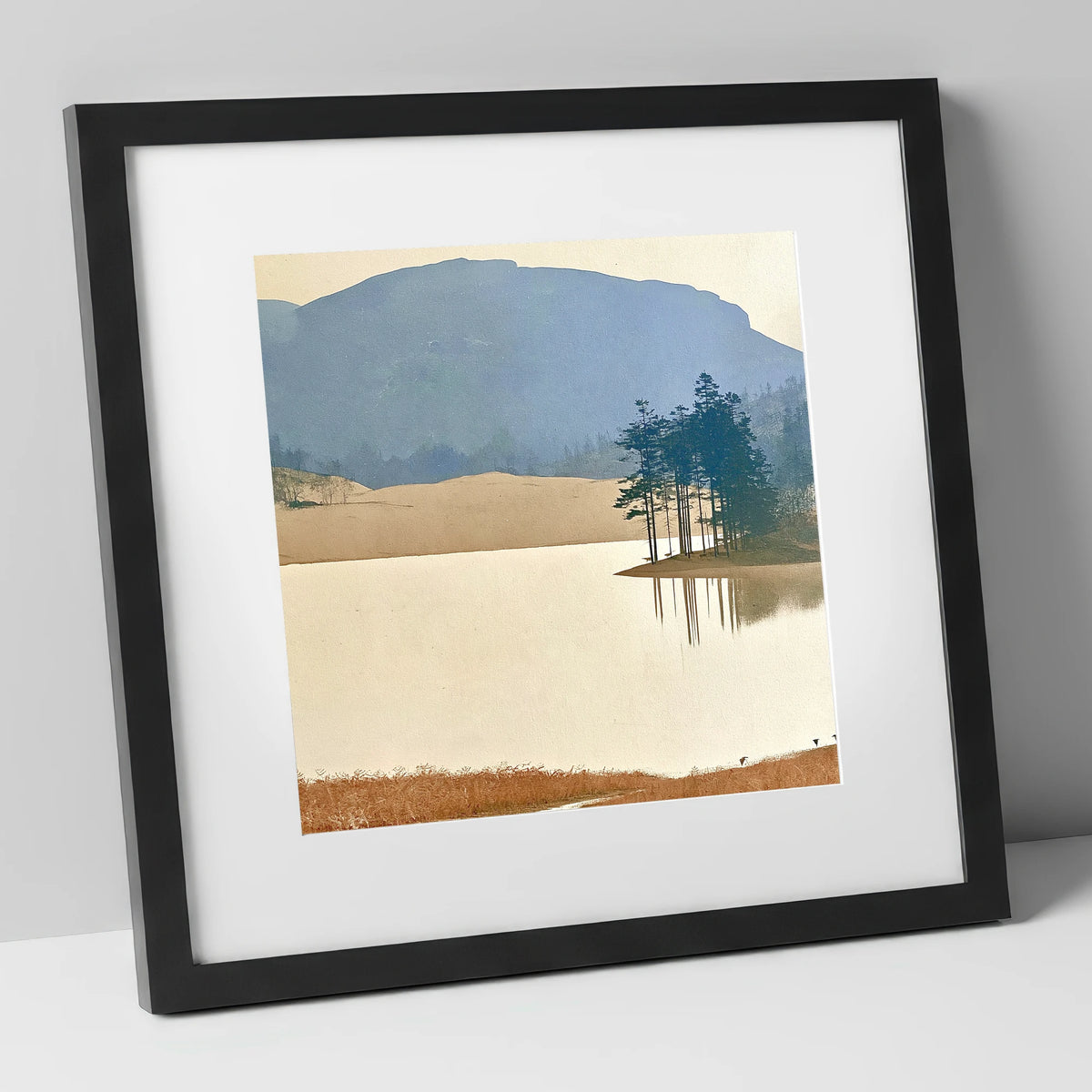 Reflected Pines at Tarn Hows lake district lake art print in black frame