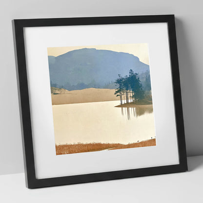Reflected Pines at Tarn Hows lake district lake art print in black frame