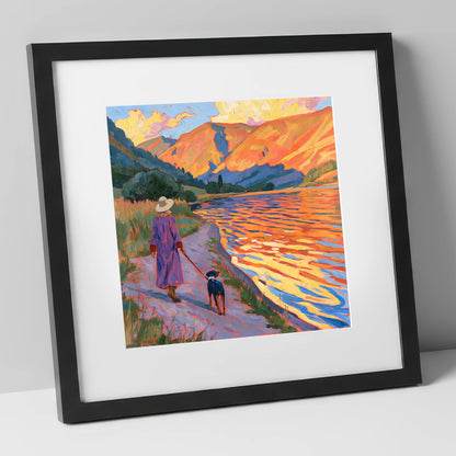 Colourful Dog Walk at Ullswater gifts for dog walkers art print in black frame