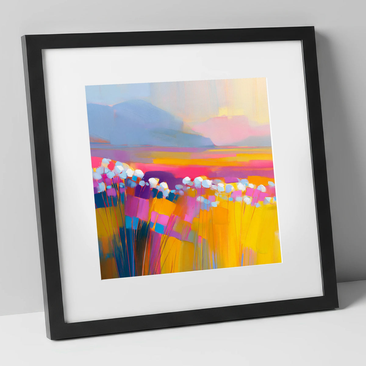 Vibrant Bog Cotton Moorland lake district wildflower art print in black frame