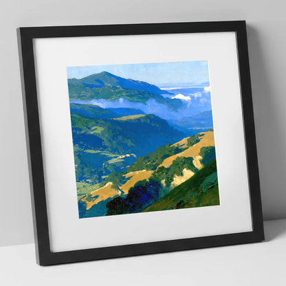 Sunlit Fells and Valley Mist lake district sky art print in black frame