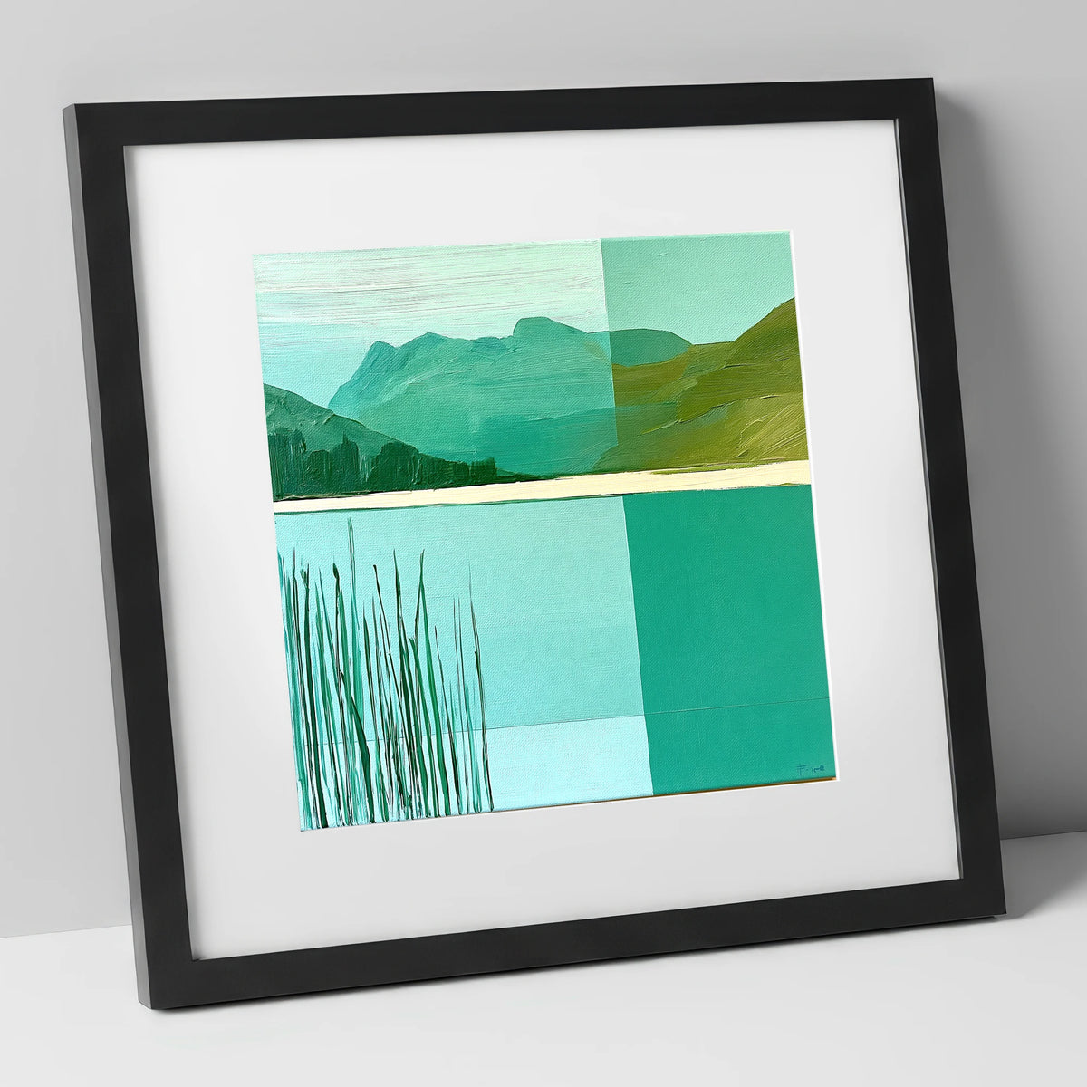 Teal Reeds at Elterwater lake district lake art print in black frame