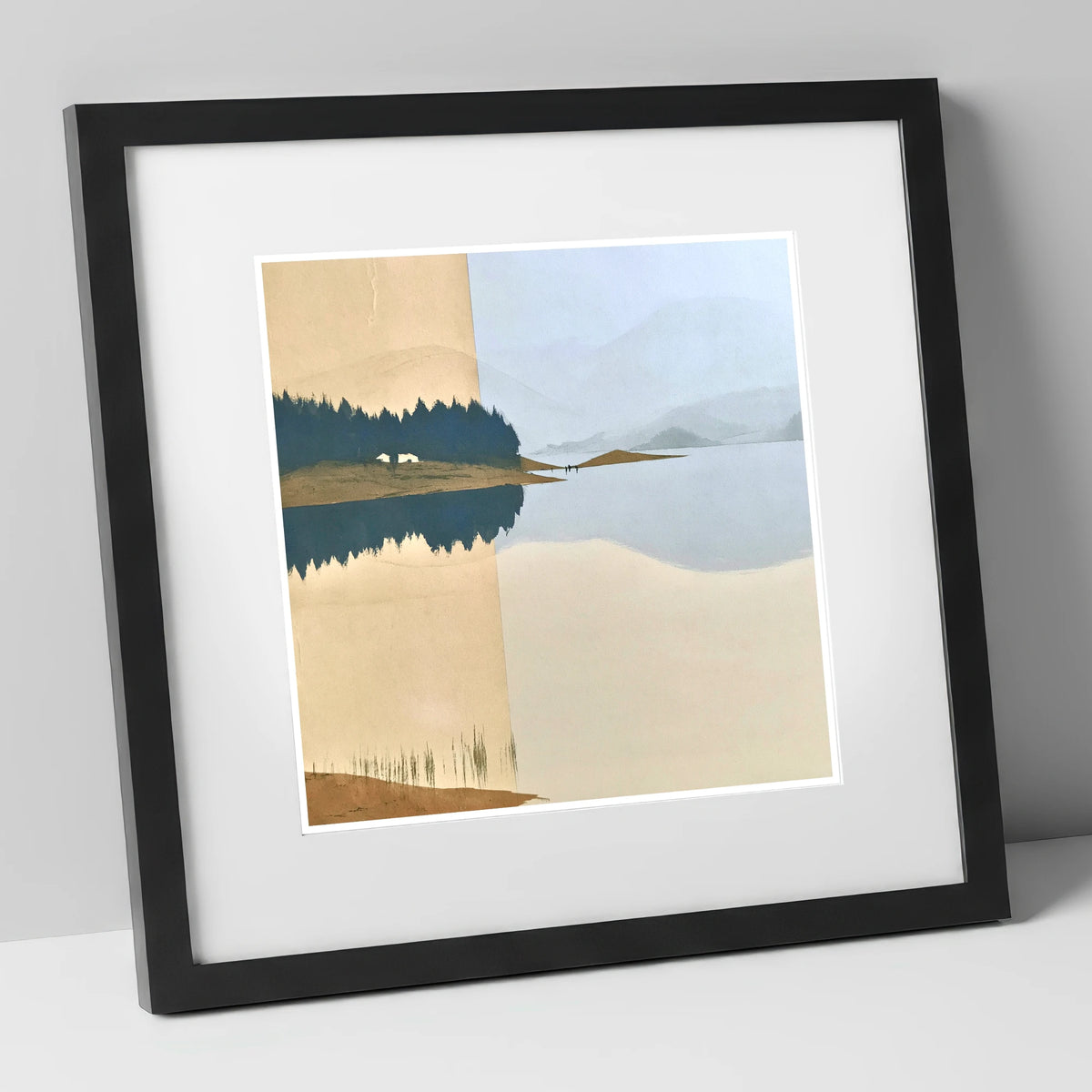 Slate Blue Lake Dawn Reflection lake district lake art print in black frame