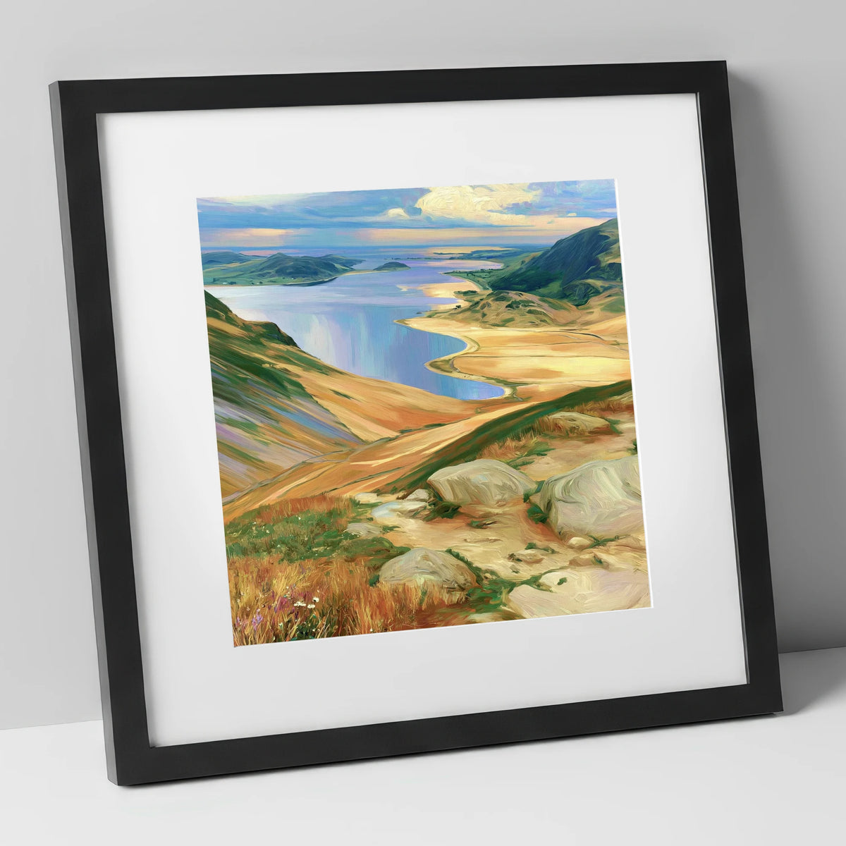 Vibrant Summit View over Water lake district fell art print in black frame