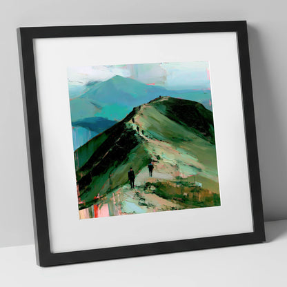 Silhouetted Hikers on Fell Ridge lake district fell art print in black frame