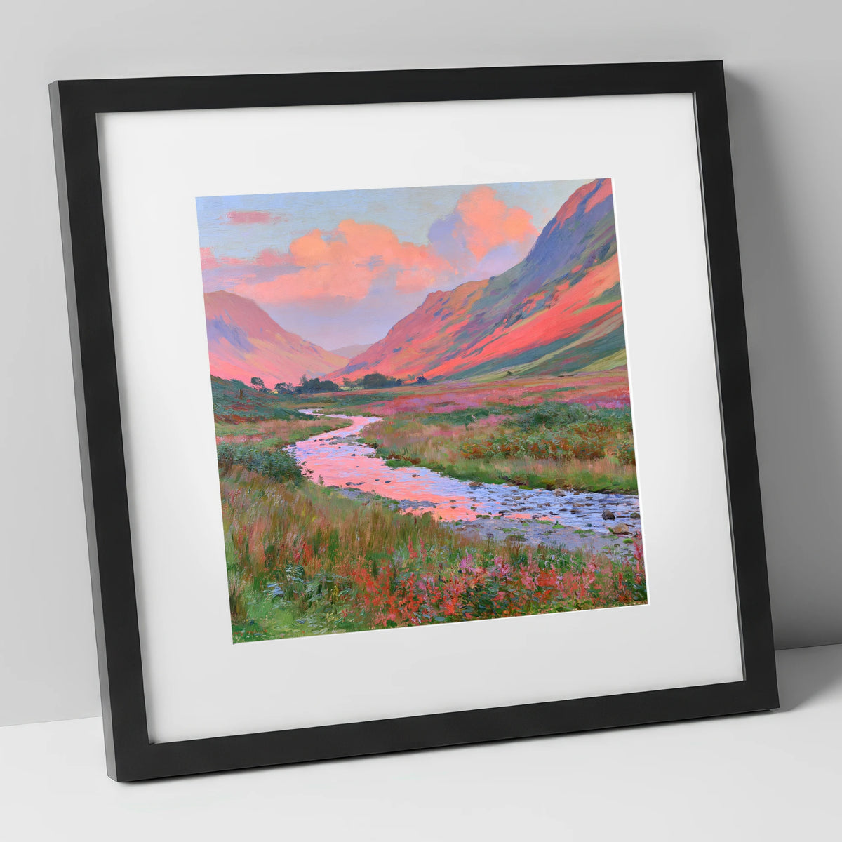 Winding Valley River at Sunset lake district waterfall art print in black frame