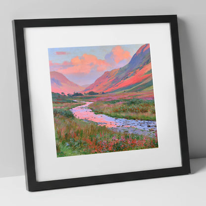 Winding Valley River at Sunset lake district waterfall art print in black frame