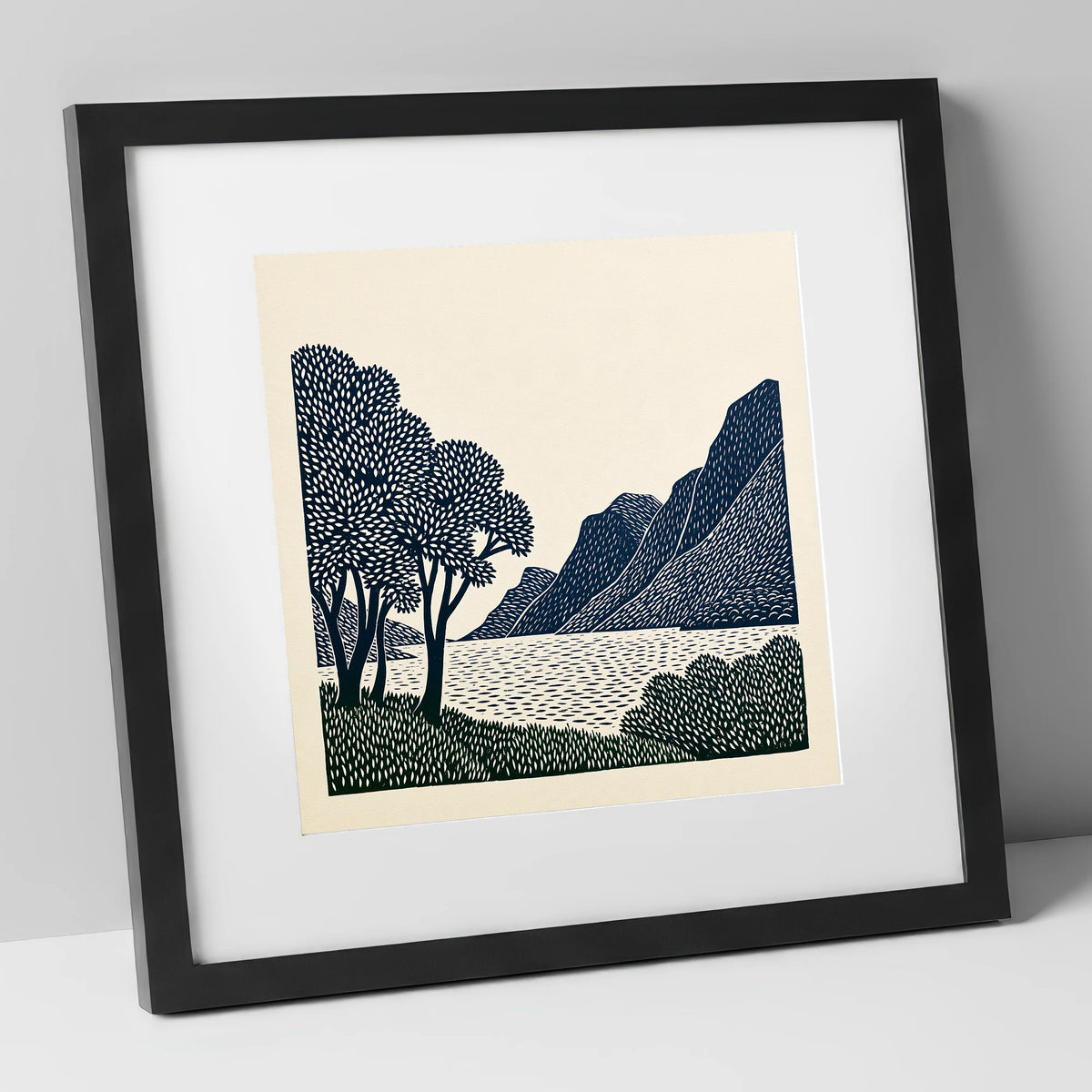 Navy Fells at Crummock Water lake district lake art print in black frame