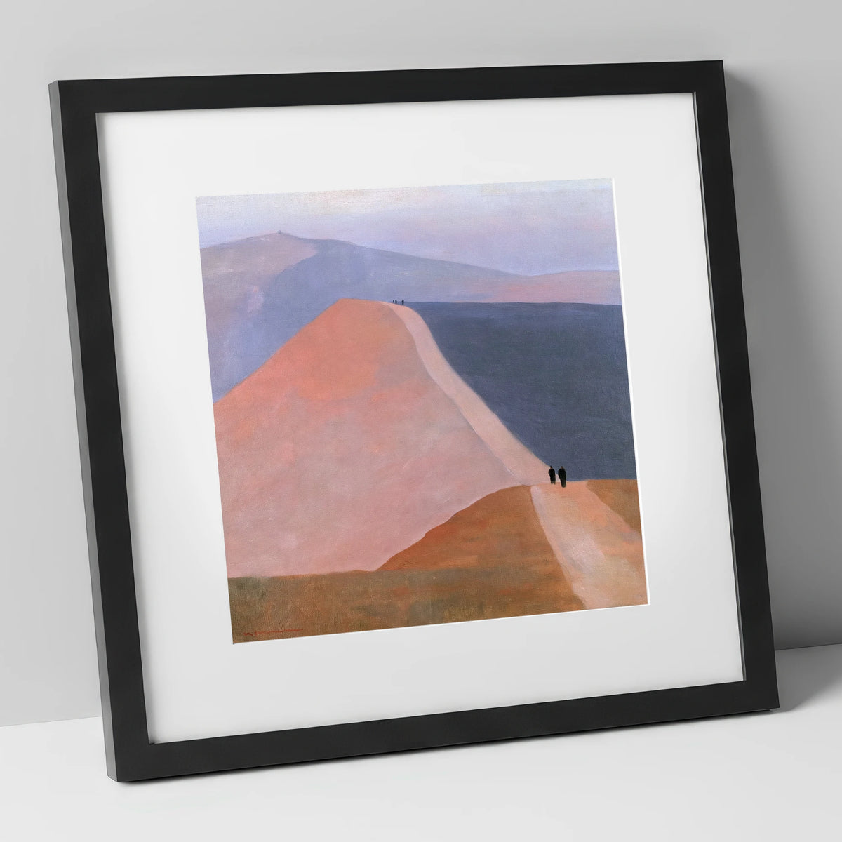 Walkers on a Pastel Mountain Ridge lake district walking art print in black frame