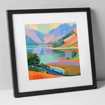Vibrant Fells Over Turquoise Lake lake district lake art print in black frame