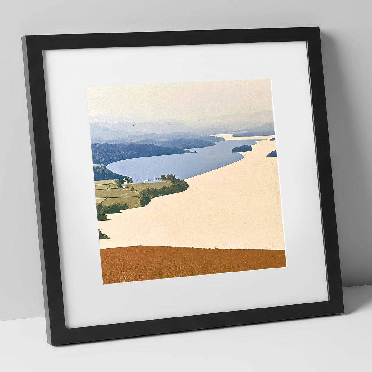 Slate Blue Windermere from Above lake district lake art print in black frame